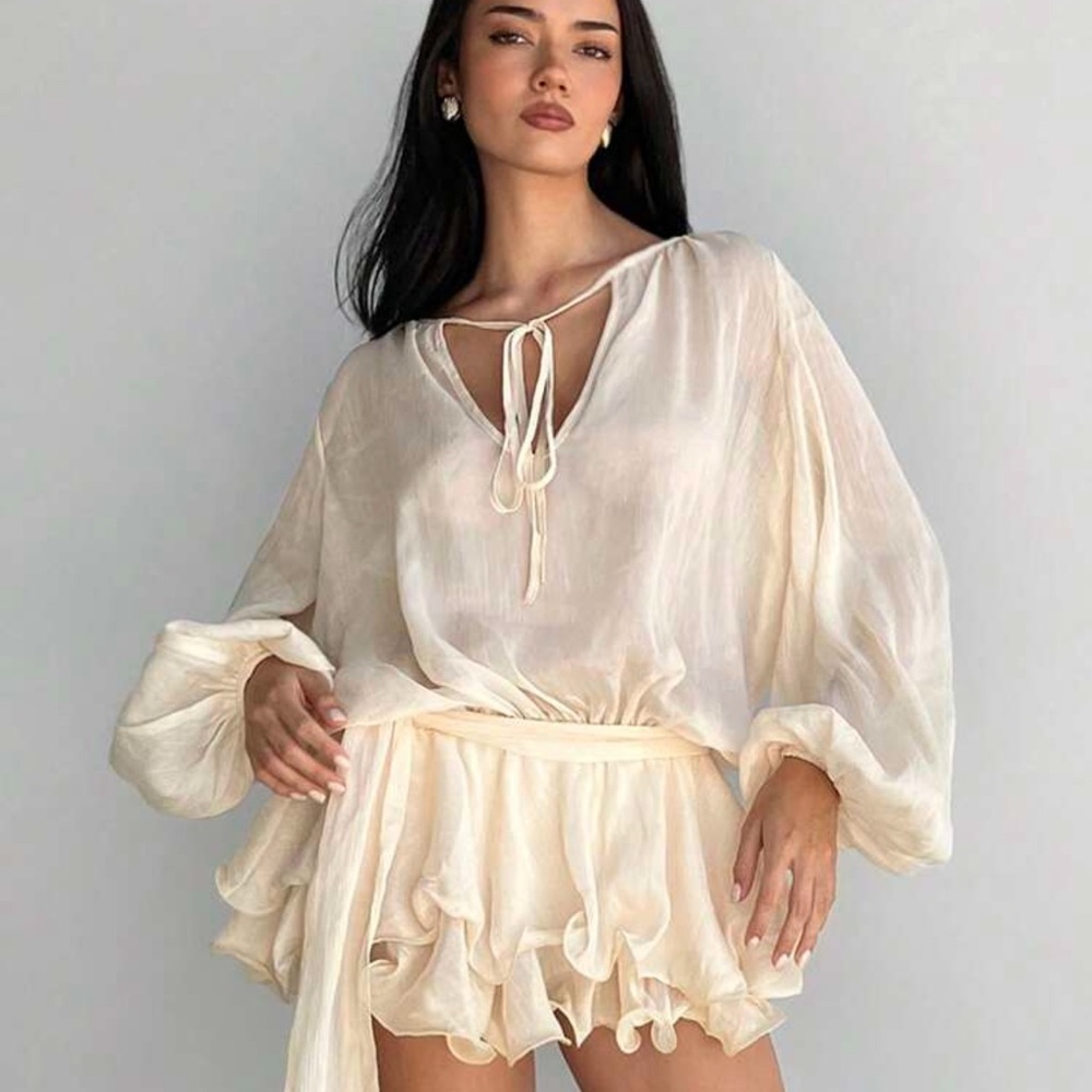 Lantern Sleeve Loose Tie-Up Ruched Multi-Layer Ruffle Hem Mini Chiffon Dress